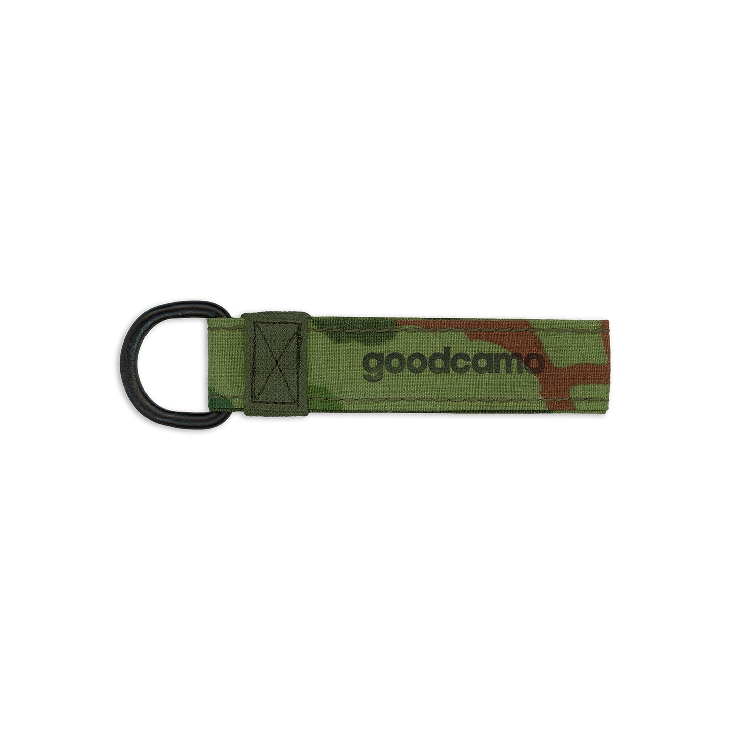 Camouflage keychain with 'goodcamo' branding on a white background