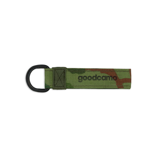 Camouflage keychain with 'goodcamo' branding on a white background